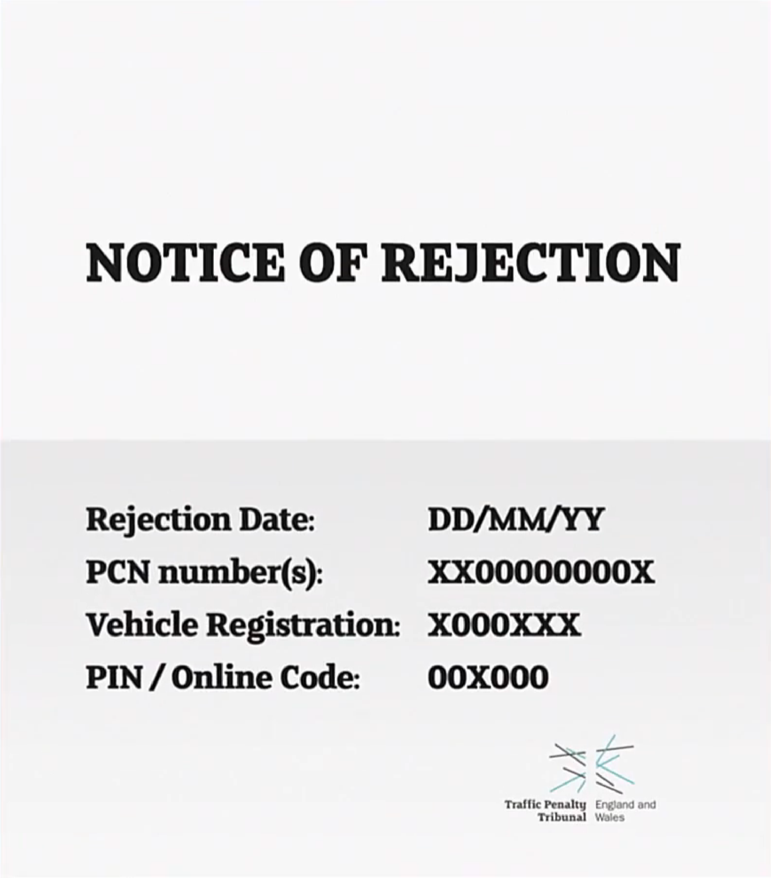 Graphic mock-up of the information contained on a Notice of Rejection of Representations received from an authority